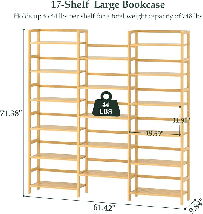 Homykic Bamboo Bookshelf, 71” Tall Triple Wide Bookcase - Image 3