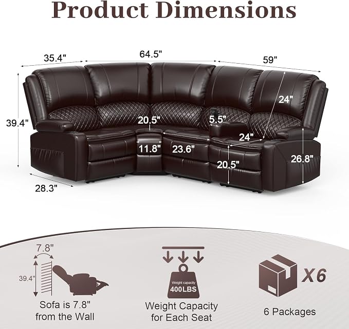 Yolsali Manual Reclining Sectional Sofa Set, 4 Seats Soft Leather Recliner - Image 2