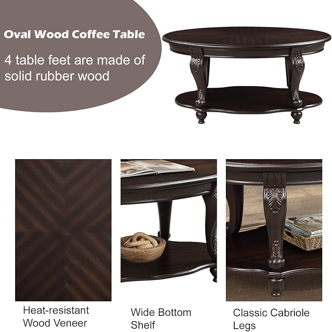 Oval Wood Coffee Table for Living Room, 2-Tier Solid Wood Coffee Table - Image 4