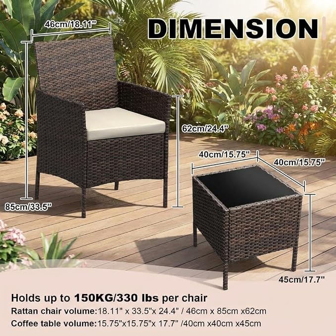 3PCS Outdoor Patio Bistro Set, PE Rattan Wicker Armchairs - Image 2