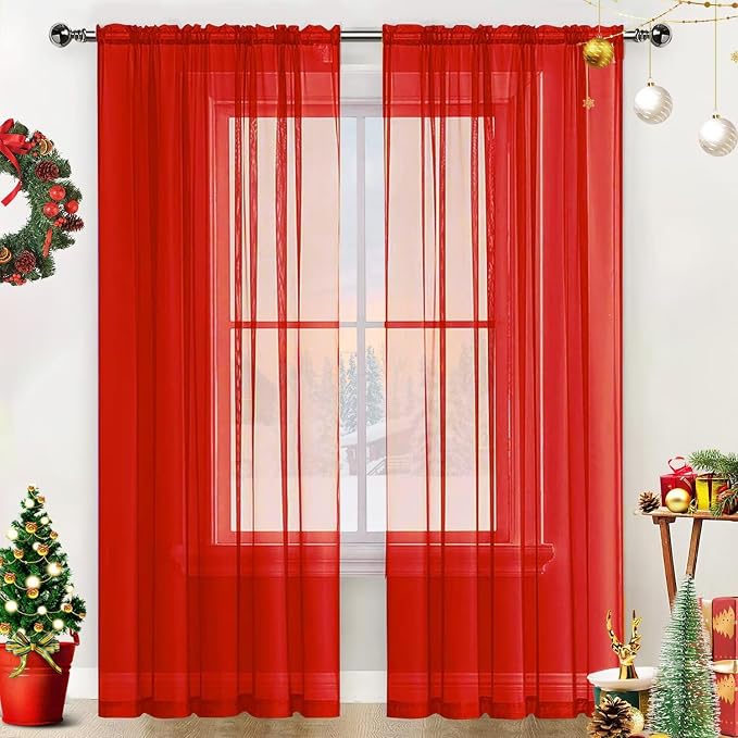 SpaceDresser Basic Rod Pocket Sheer Voile Window Curtain Panels Red 1 Pair 2 by SpaceDresser