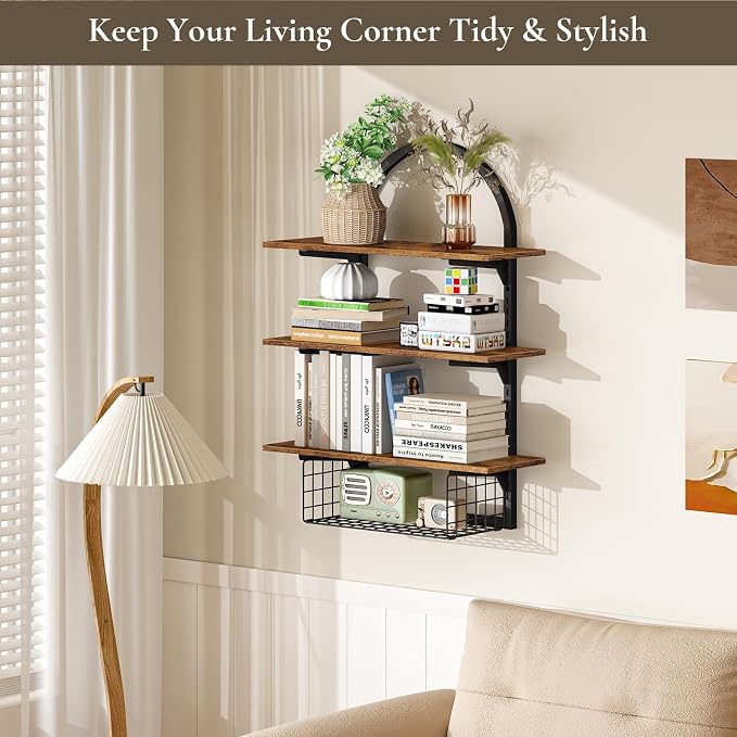3 Tier Floating Shelf with Storage Baskets, Wall Mounted Bathroom Shelves Over - Image 5
