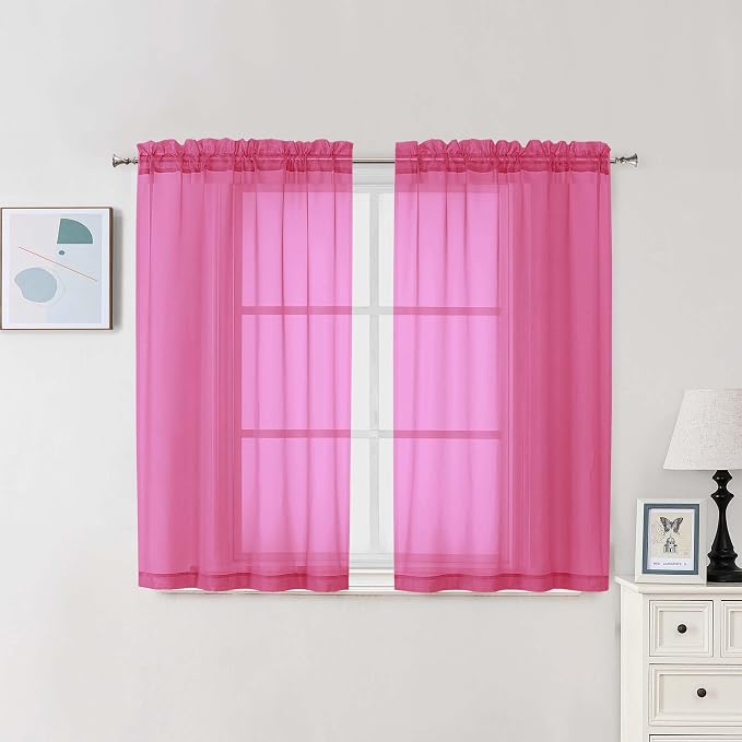 Chyhomenyc Hot Pink Sheer Curtains 45 Inch Long 2 Panels, Light Filtering Short by Chyhomenyc