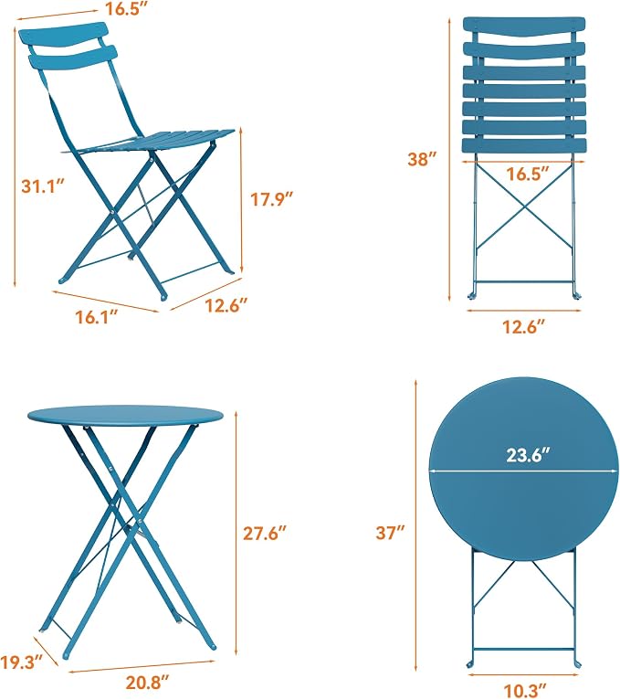 GarveeLife 3 Piece Patio Bistro Set, Folding Patio Bistro Table and Chairs Set - Image 8