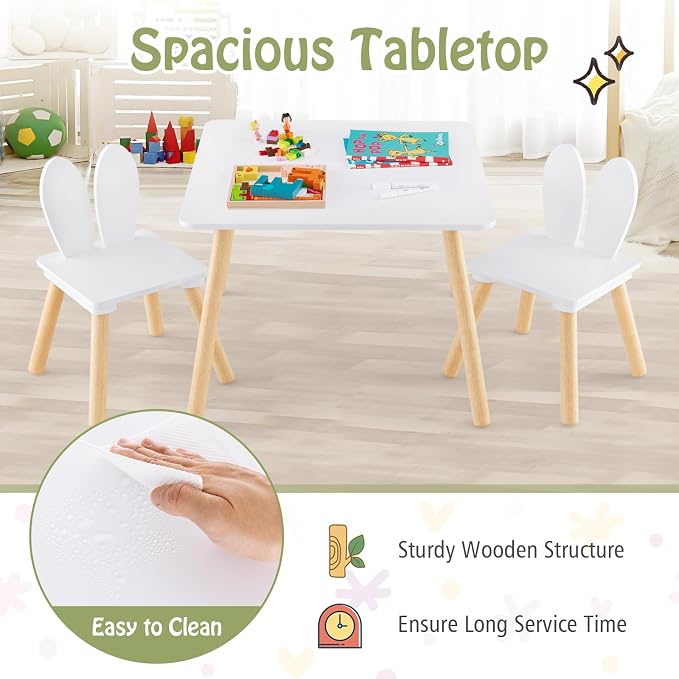 Costzon Kids Table and Chair Set, 3 Pieces Wooden Activity Table & 2 Rabbit - Image 5