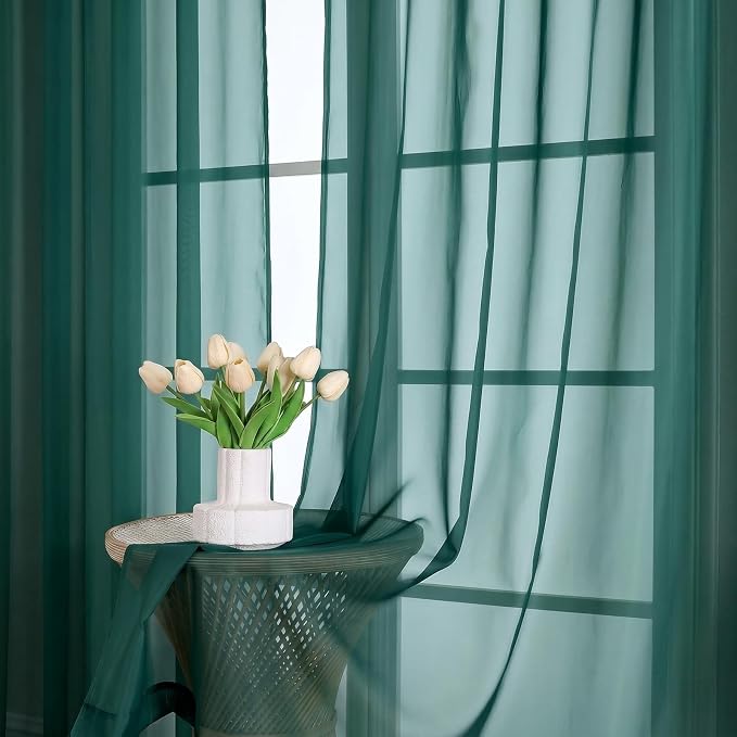 Hunter Green Sheer Curtains 63 Inches Long 2 Panels Set, Light Filtering Sheer - Image 7