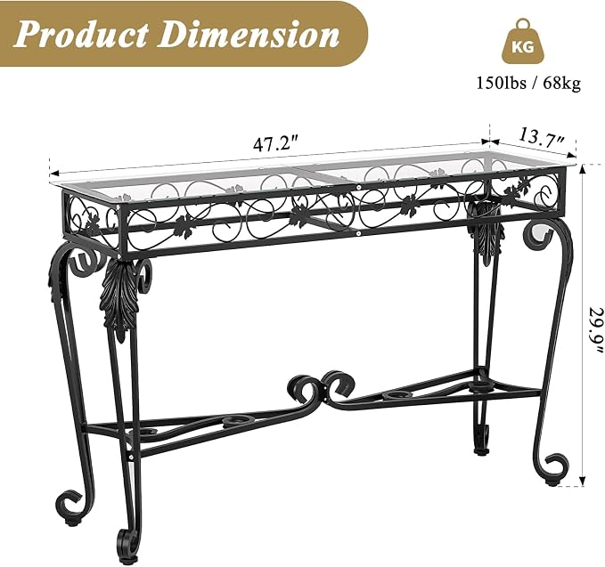 HavenlyYouth Console Table 47.2", Tempered Glass Sofa Tables, Vintage Entryway - Image 3