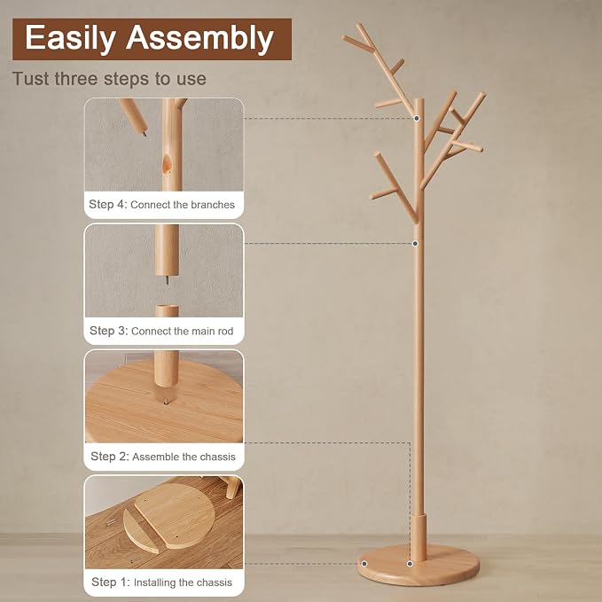 Muwuele Coat Rack, Solid Wood Coat Rack Freestanding - Image 9