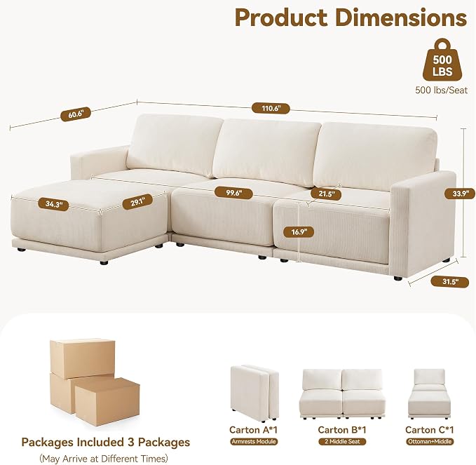 110.6" L Shaped Modular Sectional Sofa Modern Chenille Comfy Couch - Image 2