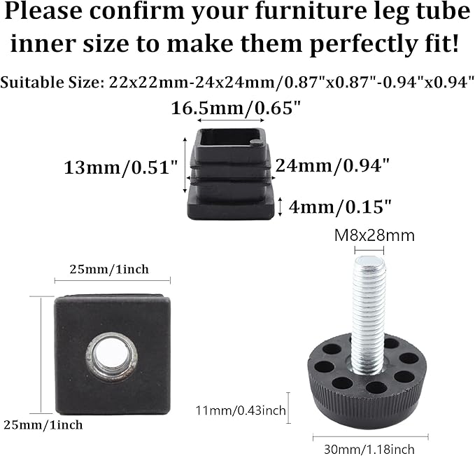 8Pcs Adjustable Leveling Feet 25 x 25mm Square Insert Kit Furniture Glide - Image 2