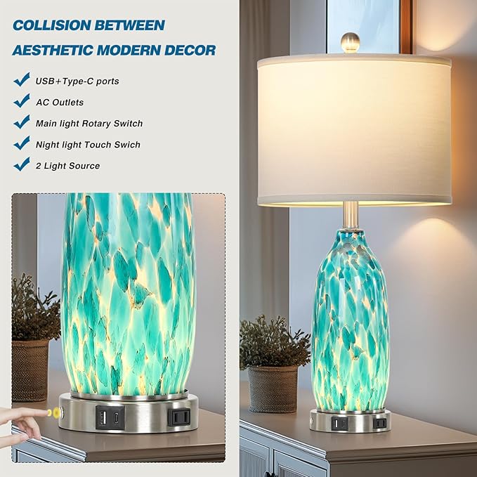 Rinweey 26" Peacock Green Glass Table Lamps Set of 2, Coastal Nautical Bedside - Image 3