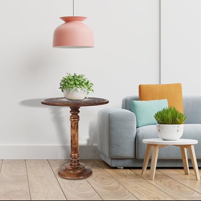 Lightnpro Hand Carved Solid Mango Wood Round Pillar Accent Table - Image 7