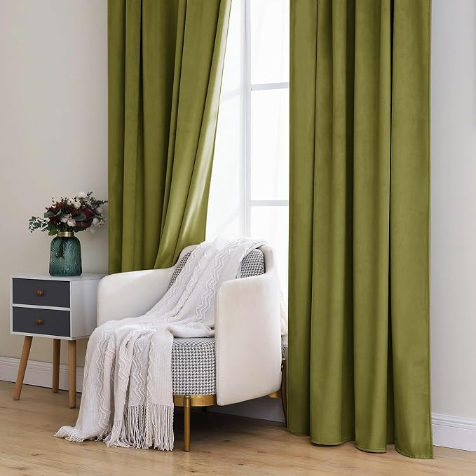 MIULEE Velvet Curtains 52x90 inches 2 Panels Moss Green Blackout Curtains | - Image 7