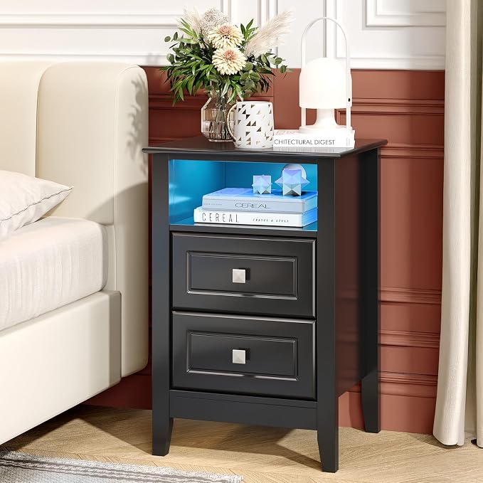 Bonnlo Led Nightstand with Charging Station, Night Stand Black Bedside Table - Image 6