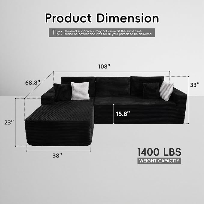 108" Boneless Couch, L-Shaped Modular Sectional Sofa - Image 2