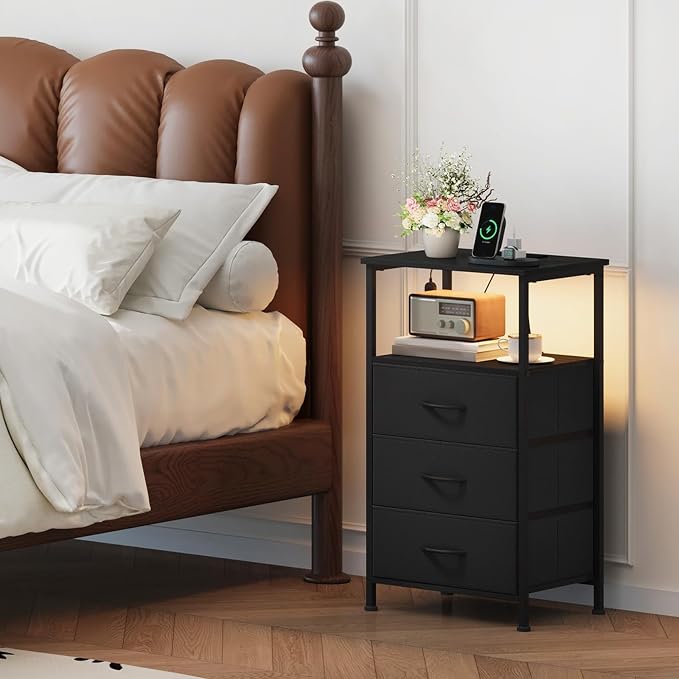 Somdot Black Nightstand with Charging Station and LED Light - Image 2