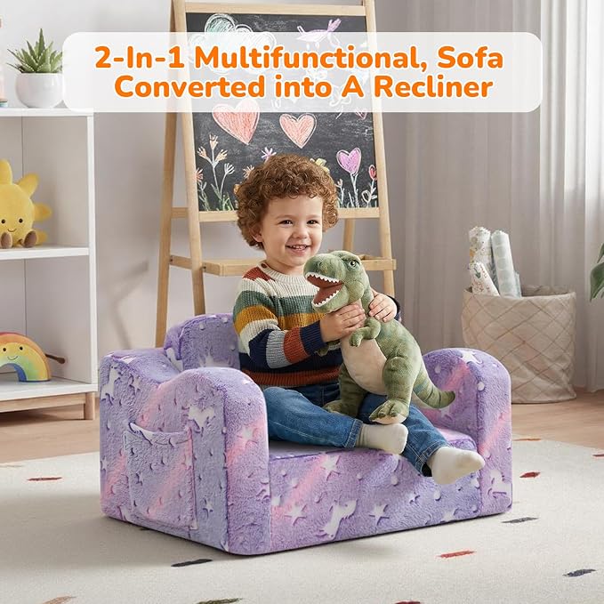 MeMoreCool Glowing Lavender Unicorn Kids Chair, 2-in-1 Convertible Kids Couch - Image 5