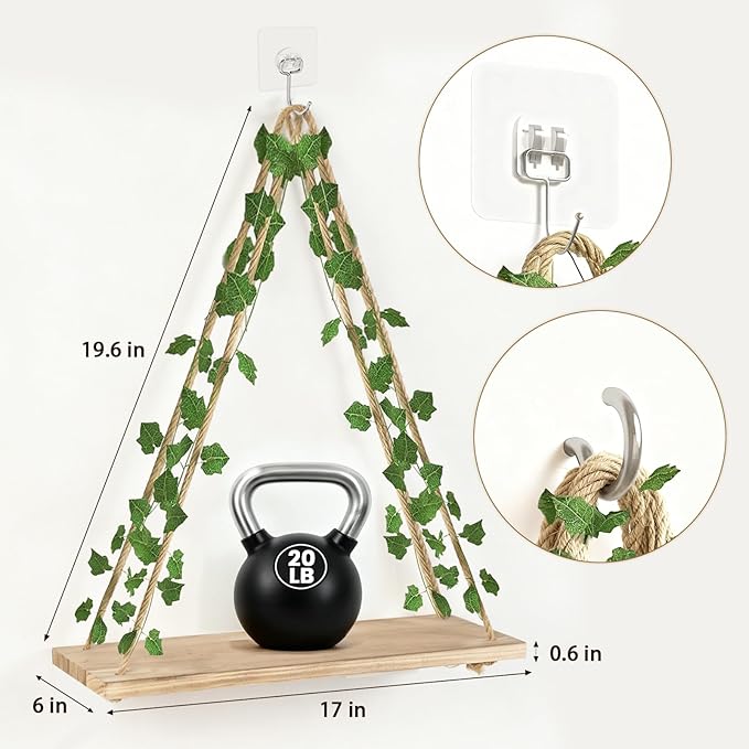 RICHER HOUSE Artificial Ivy LED-Strip Wall Hanging Shelves, Macrame Shelf - Image 2