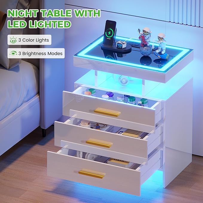 HNEBC LED Nightstand with Charging Station, Smart Bedside Table with Motion - Image 3