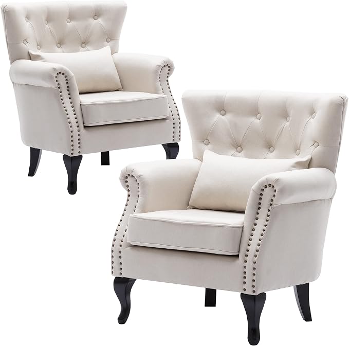 Set of 2 Mid-Century Modern Accent Chair, Linen Fabric Armchair w/Tufted by DMFurniture