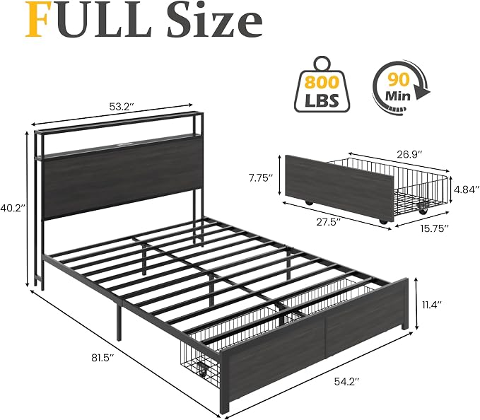 Lifezone Full Bed Frame with 2-Tier Storage Headboard, Metal Bed Frame with - Image 2