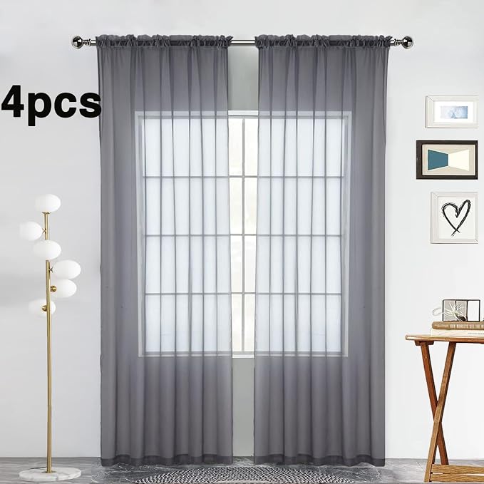 SpaceDresser Grey Sheer Curtains 4 Panels Rod Pocket Semi-Sheer Curtain 84 - Image 2