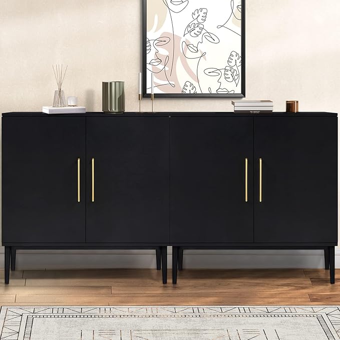 Set of 2 Storage Cabinet with Doors, Modern Black Accent Cabinet, Free Standing by REHOOPEX
