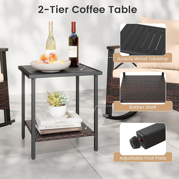 Tangkula 3 Pieces Outdoor Rocking Chairs Set, Rattan Heavy Duty Cushioned - Image 9