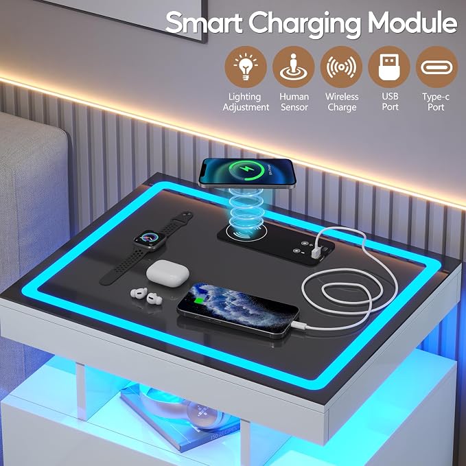 LED Nightstand with Wireless Charging Station, Glass Top Smart Bedside Table - Image 3