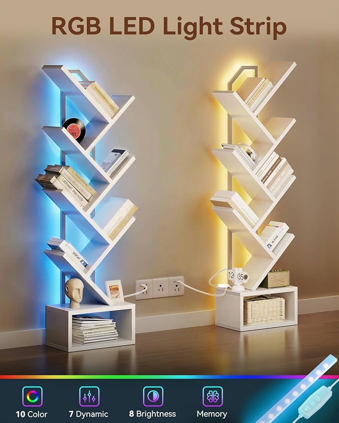 Casaottima Tree Bookshelf with LED Lights, 6-Tier Narrow Bookcase - Image 5