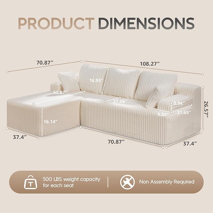 Hobestluk Modular Sectional Sofa Couches L-Shape Couch 3 Seat Modular Sofa - Image 2
