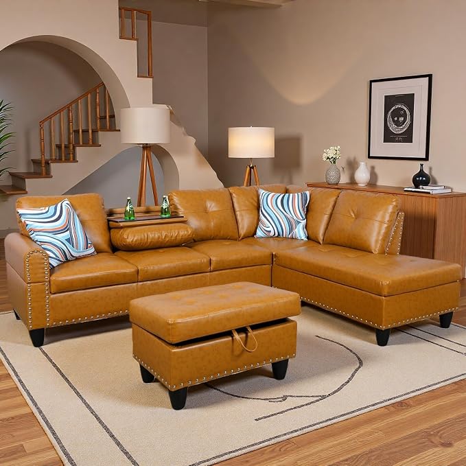 97.5" Yellow Couch L Shaped Couch Set, Modular Sectional Couches - Image 6