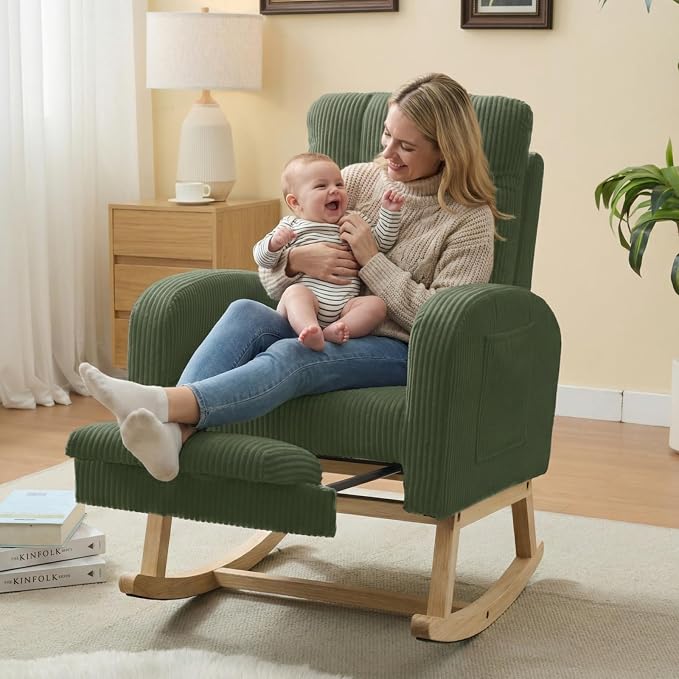 NIOIIKIT Nursery Rocking Chair, Corduroy Upholstered Rocking Chair - Image 3