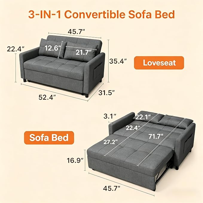 Gizoon 3-in-1 Convertible Loveseat Sleeper Couch Bed, 71.7" Extended Pull Out - Image 2