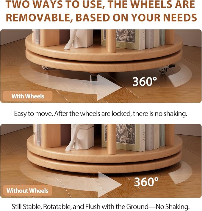 Muwuele Solid Wood Rotating Bookshelf on Wheels, 6 Tier, Round Revolving - Image 5