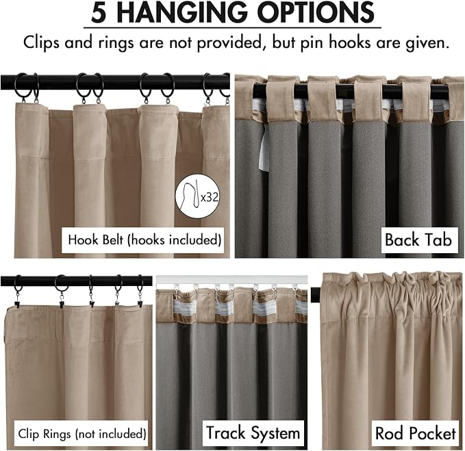 MIULEE Velvet Curtains 50W x 90L 2 Panels Camel Beige Blackout Curtains | - Image 2