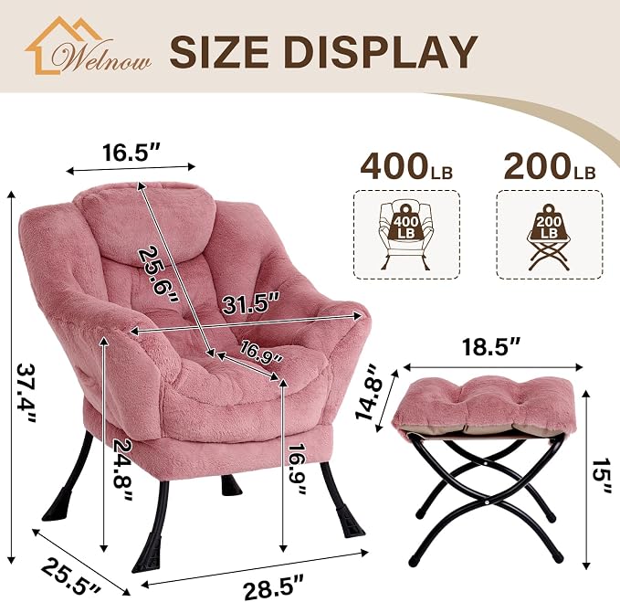 Welnow Lazy Chair with Ottoman, Modern Accent Chair with Armrests and a Side - Image 3