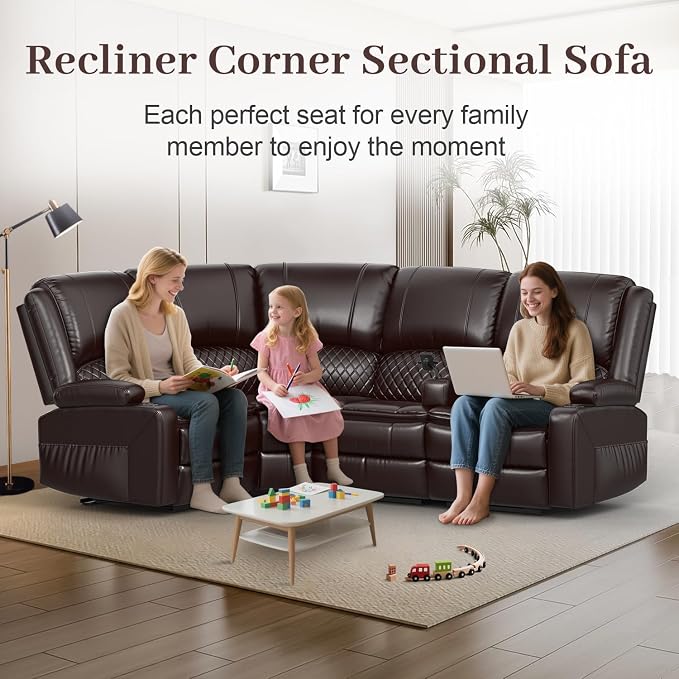 Yolsali Manual Reclining Sectional Sofa Set, 4 Seats Soft Leather Recliner - Image 3