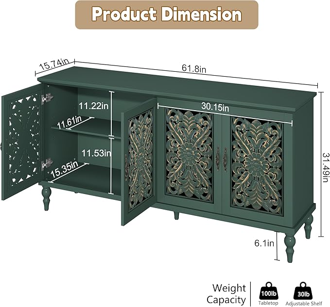 ARTPOWER 61.8" Hollow Carved Wood Accent Cabinet - Image 2