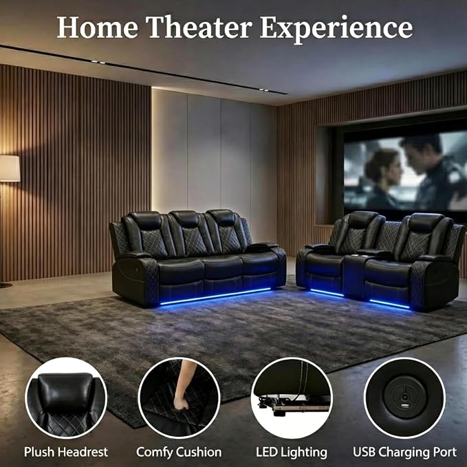 Power Recliner Sofa Set with LED Lights, Includes a Manual Loveseat and a 3 - Image 4