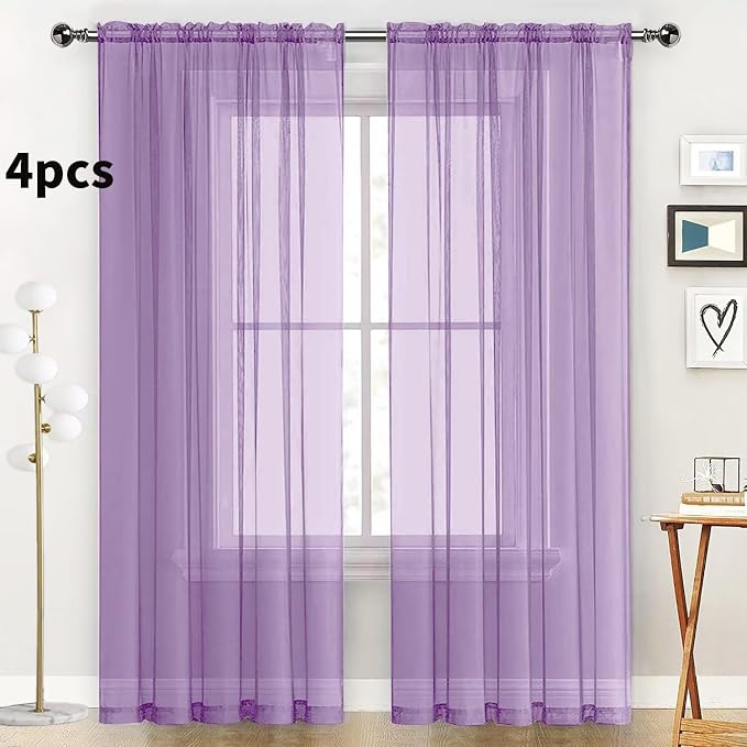 SpaceDresser Lavender Sheer Curtains 4 Panels Rod Pocket Semi-Sheer Curtain 63 - Image 2