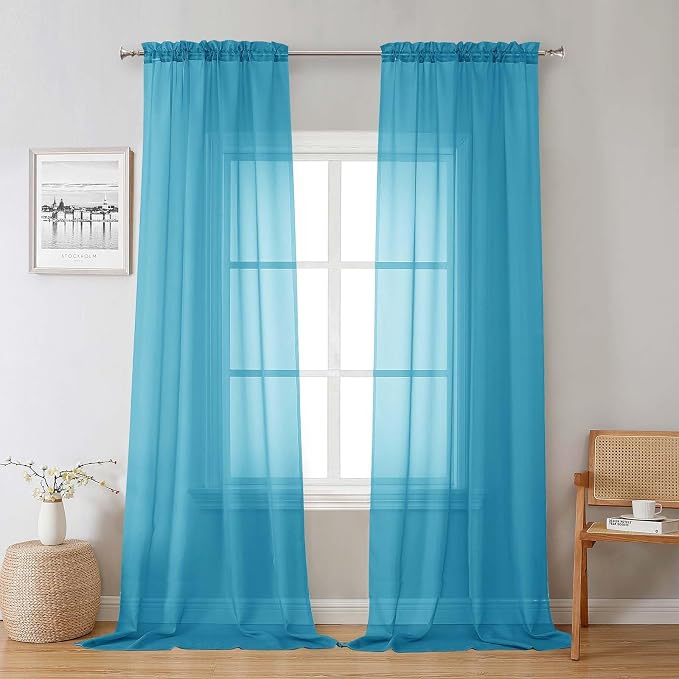 Turquoise Sheer Curtains 96 Inches Long 2 Panels, Elegant Gauzy Airy Light by Lecloud