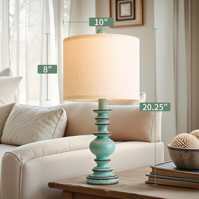 BOBOMOMO 20" Distressed Teal Bedside Lamps Set of 2, Hand-Painted Vintage Resin - Image 4
