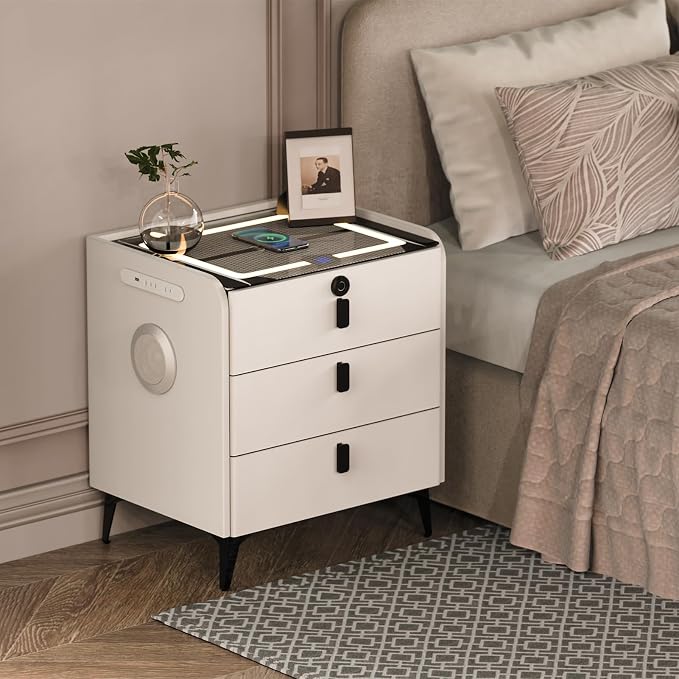 Smart Nightstand with Wireless Charging, with Fingerprint Lock Drawer, Night by QHRAY