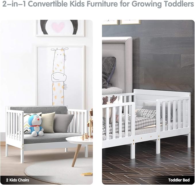Costzon Toddler Bed Frame, 2 in 1 Convertible Wood Kids Bed w/Double Side - Image 2