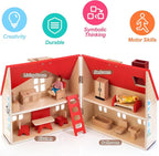 Foldable Wooden Dollhouse with 13PCS Furniture, 4 Rooms and 2 Flexible Dolls - Image 3