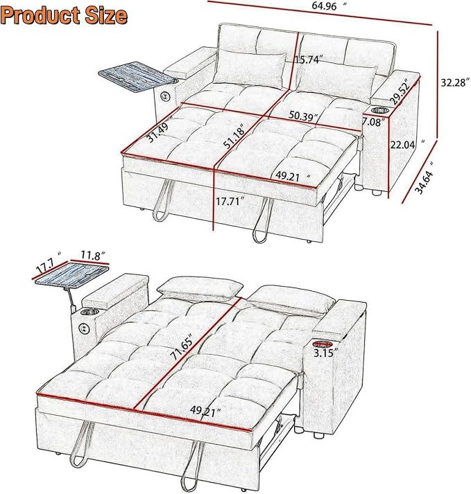 oaaktu Large Size Convertible Sleeper Sofa Bed, Polka dot Velvet Pull Out Futon - Image 2
