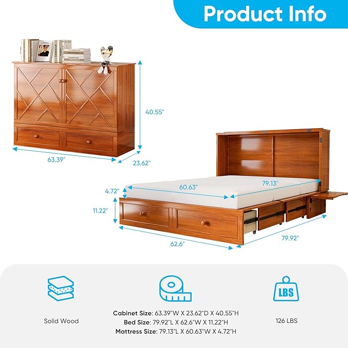 Mjkone Murphy Bed Queen, Cabinet Murphy Bed - Image 2