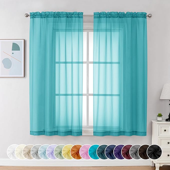 Chyhomenyc Sheer Curtains 63 Inch Length 2 Panels, Turquoise | Light Filtering by Chyhomenyc
