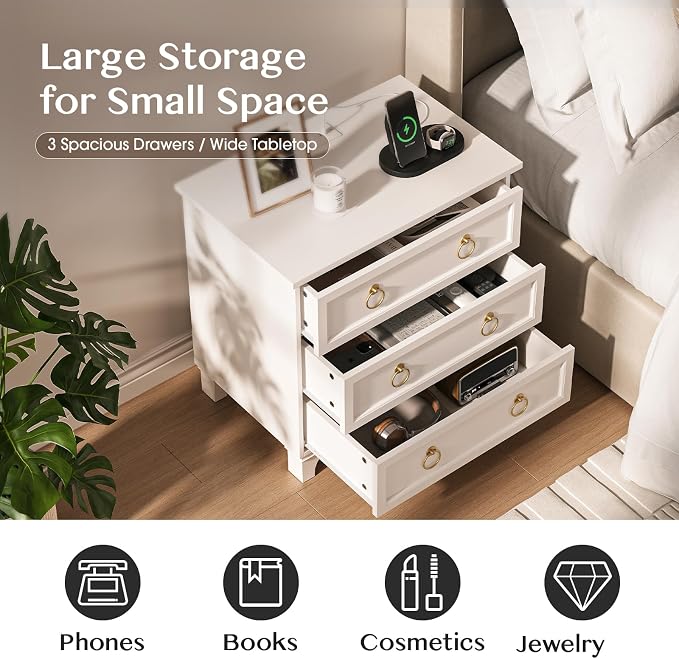 JOINICE White Night Stand with Charging Station, Modern Nightstand with 3 - Image 5